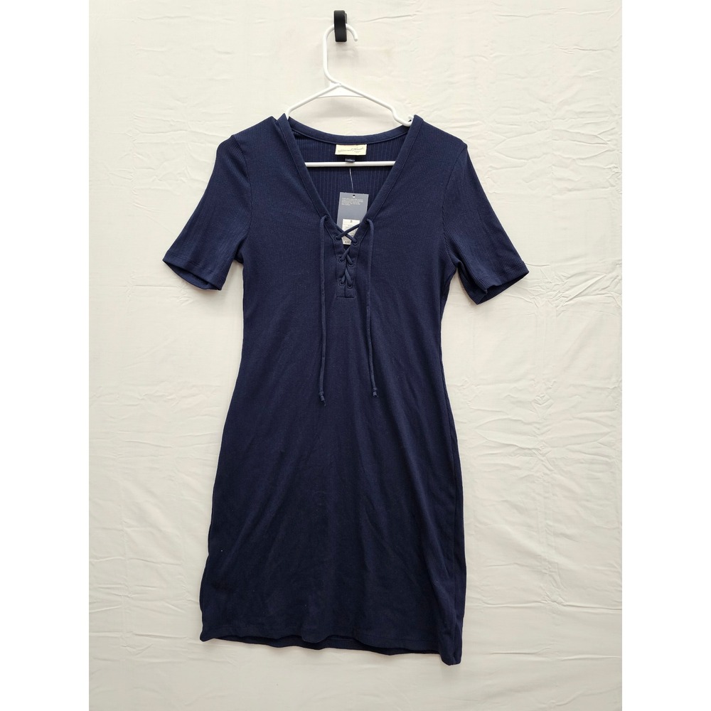 Universal Thread Womens Lace Up Ribbed Dress Navy Cotton Blend Casual Size Small